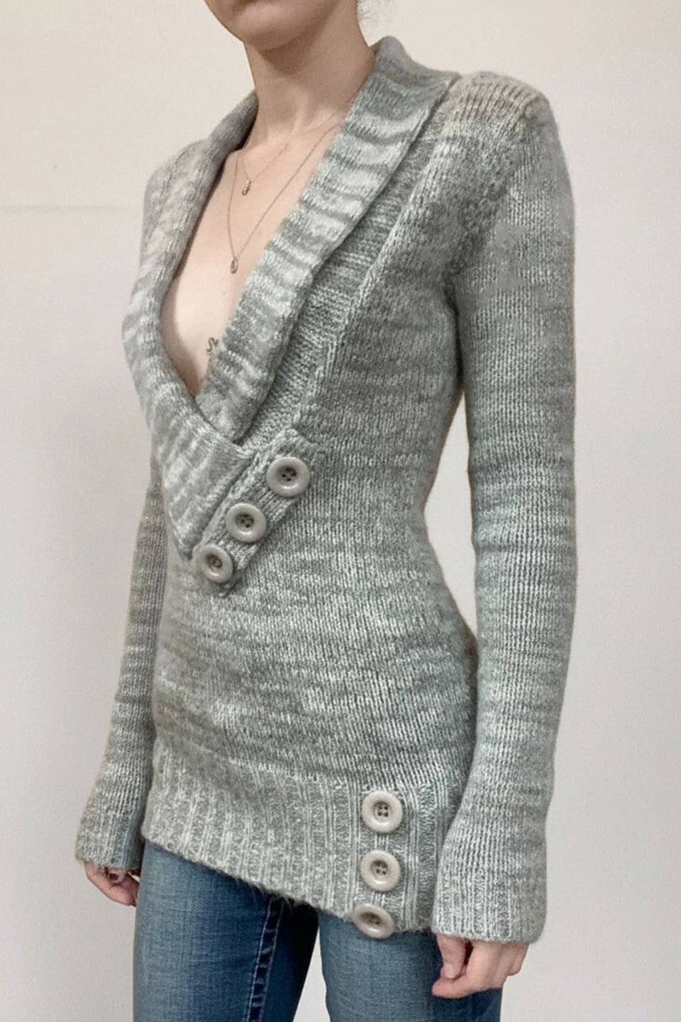 Vintage Paneled Asym V Neck Button Solid Sweater - Image 2
