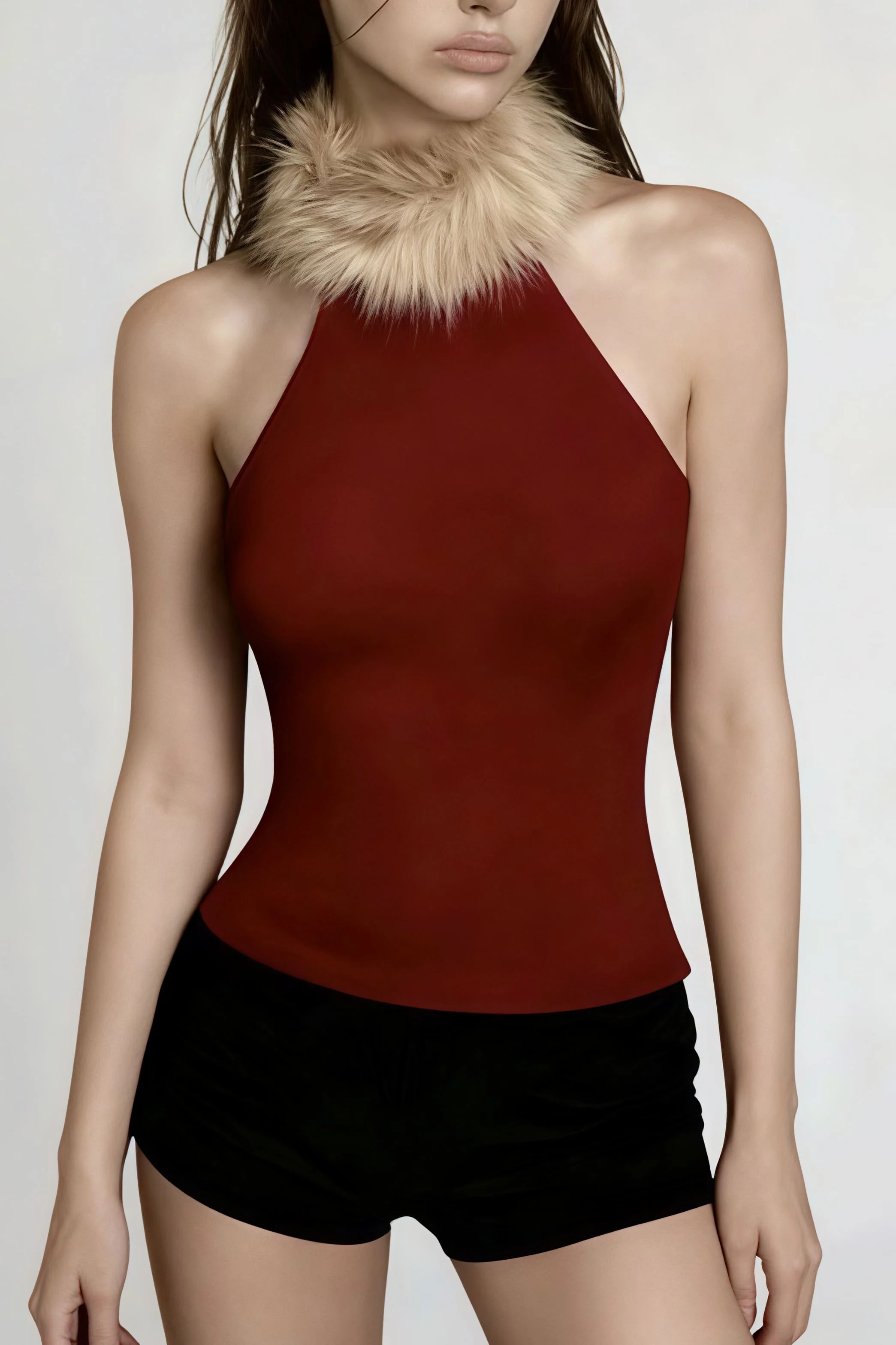 Patchwork Fleece Collar Sleeveless Slim Elegant Tank Top - Image 4