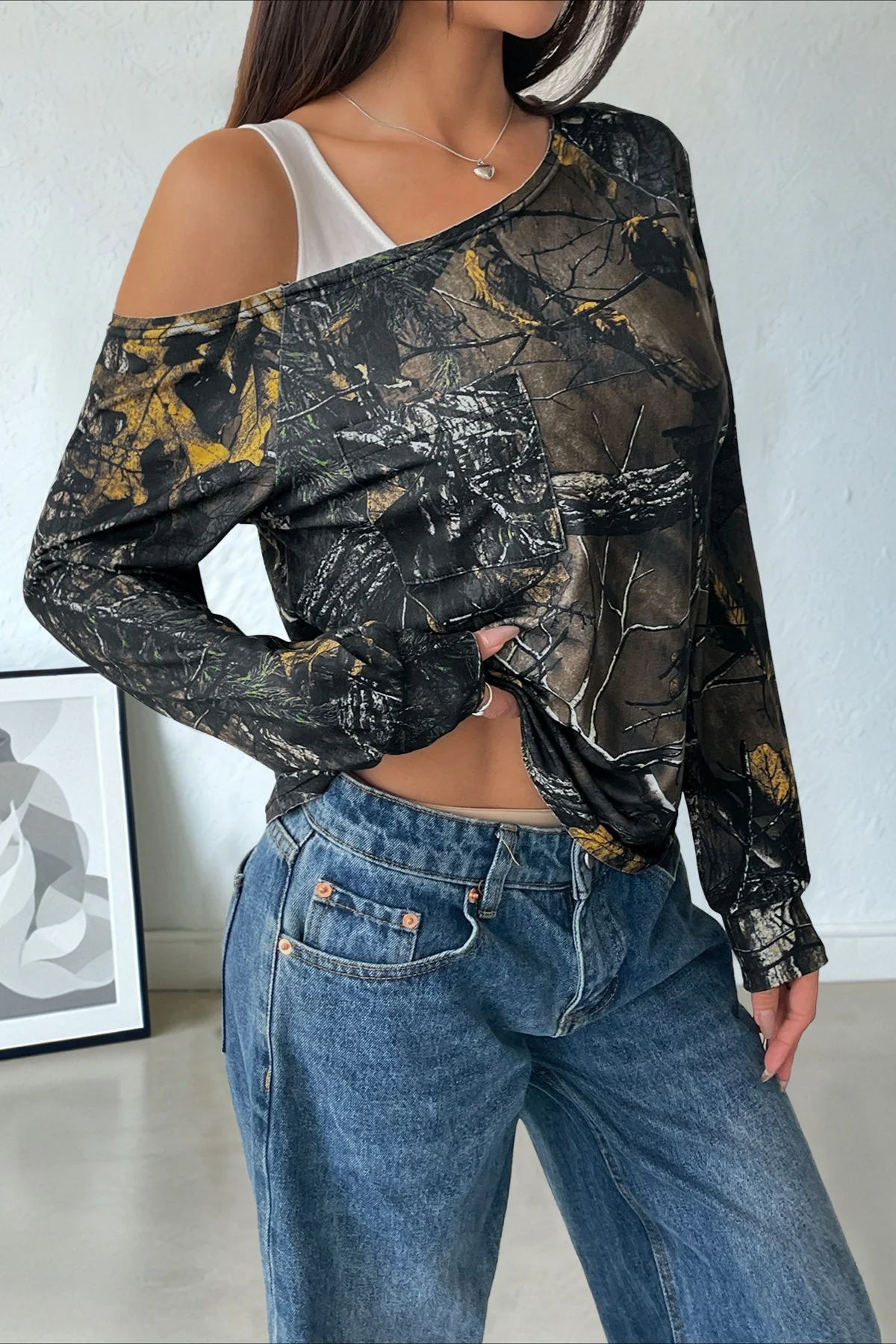 Patchwork Layered Asymmetrical Shoulder Long Sleeve Tee - Image 2