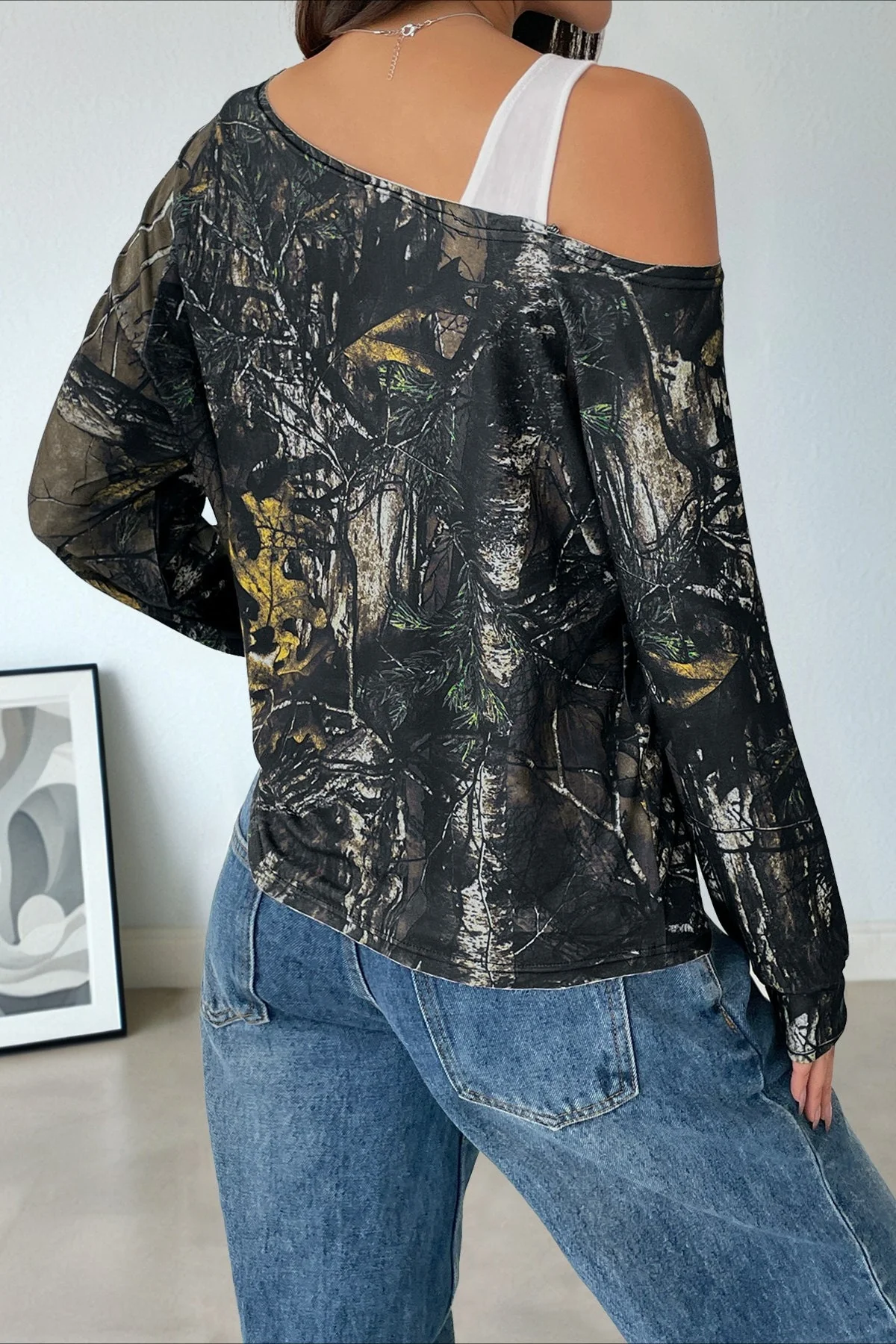 Patchwork Layered Asymmetrical Shoulder Long Sleeve Tee - Image 3
