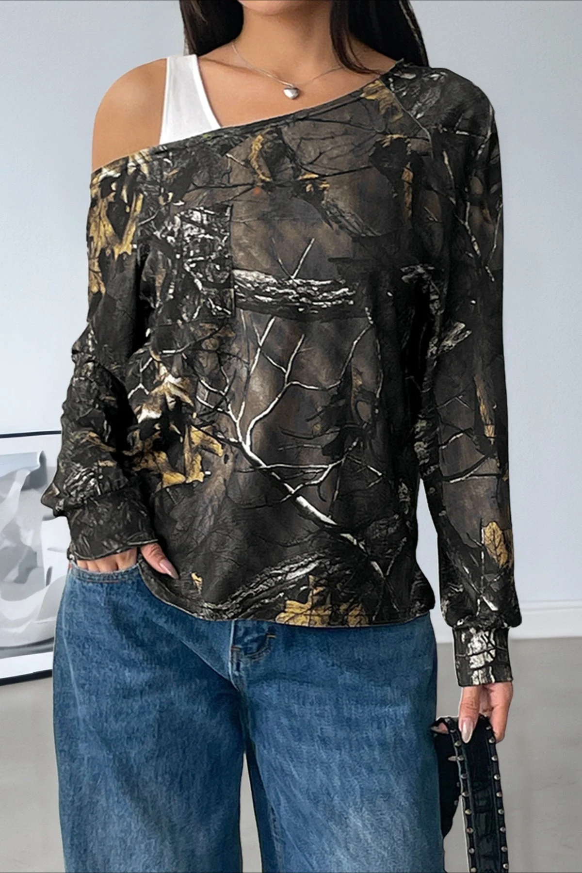 Patchwork Layered Asymmetrical Shoulder Long Sleeve Tee - Image 4