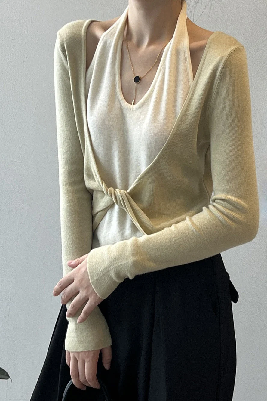 Patchwork Layered Halter Long Sleeve Tee - Image 12
