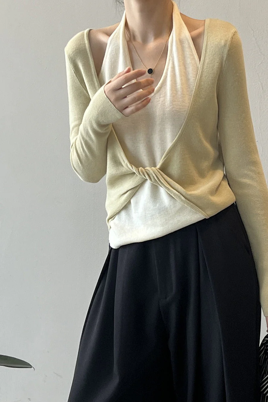 Patchwork Layered Halter Long Sleeve Tee - Image 13