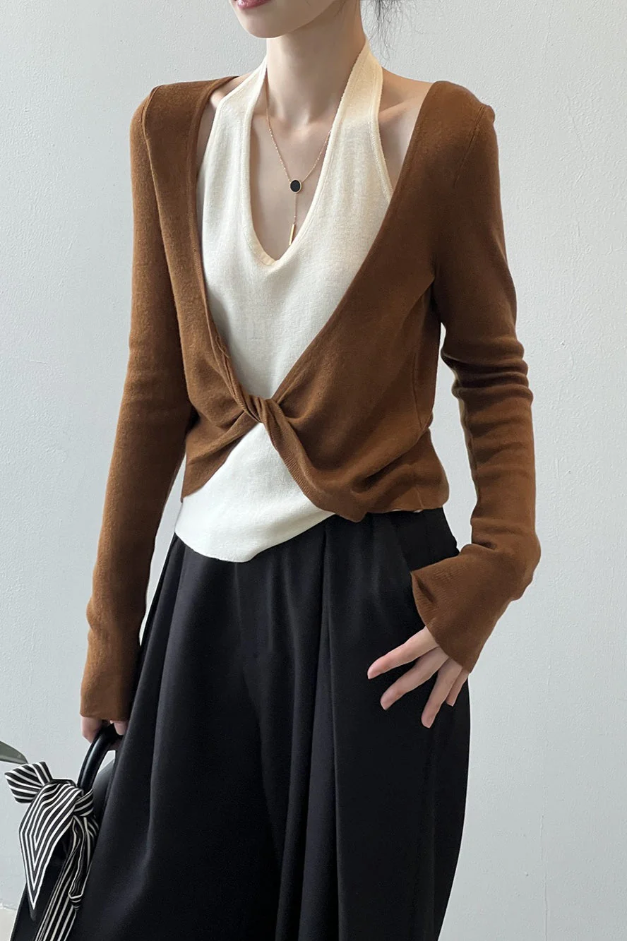 Patchwork Layered Halter Long Sleeve Tee - Image 7