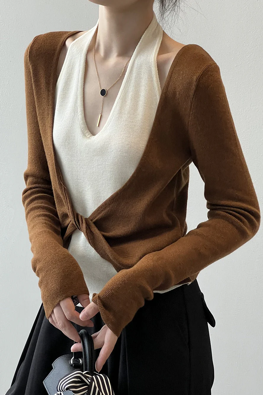 Patchwork Layered Halter Long Sleeve Tee - Image 8