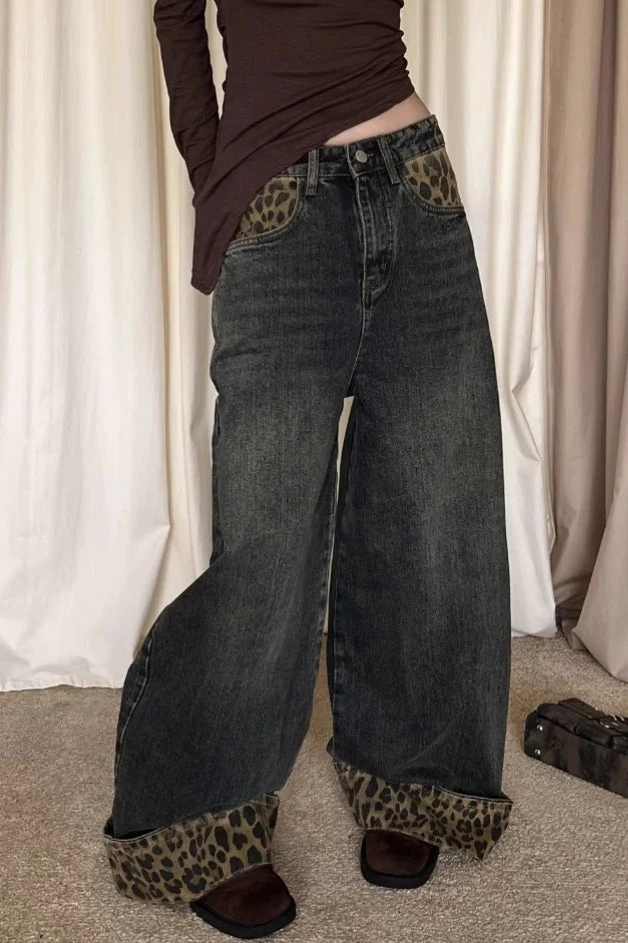 Patchwork Vintage Leopard Cuffed Wide Leg Jeans - Image 2