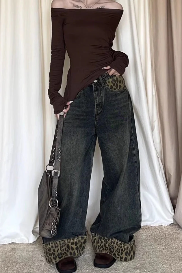 Patchwork Vintage Leopard Cuffed Wide Leg Jeans - Image 3