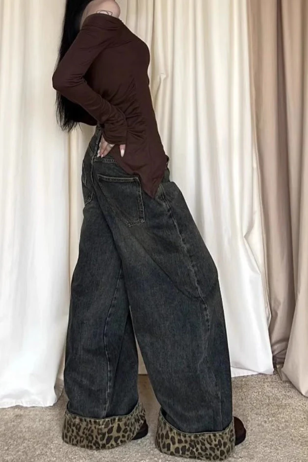 Patchwork Vintage Leopard Cuffed Wide Leg Jeans - Image 4
