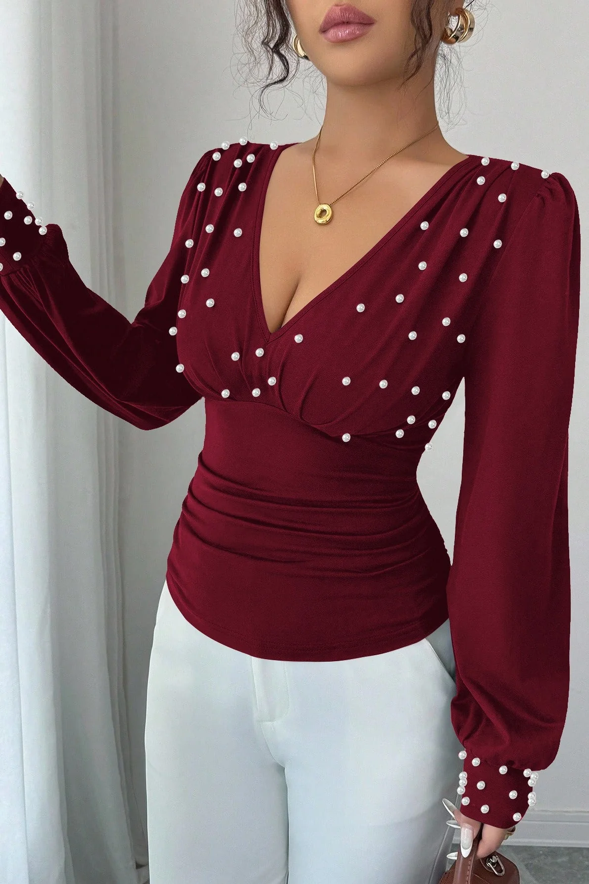 Pearl Accent Solid V-Neck Ruched Waist Sexy Long Sleeve Tee - Image 2