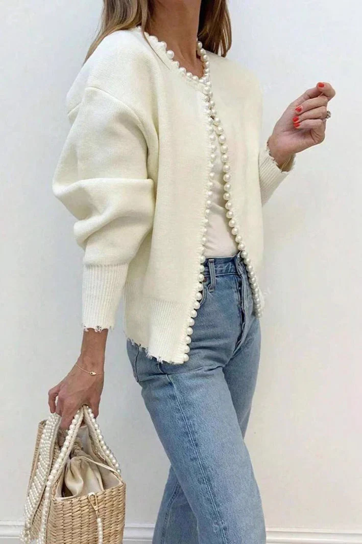 Pearl-Trimmed Crew-Neck Heavy-Detail Knit Cardigan - Image 2