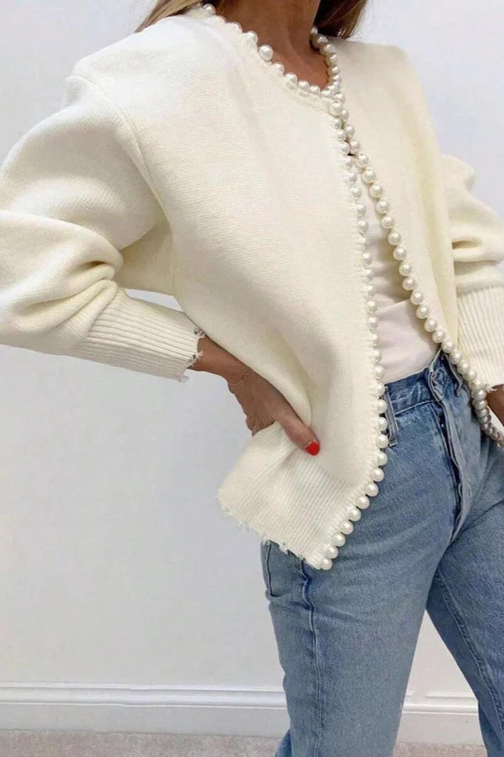 Pearl-Trimmed Crew-Neck Heavy-Detail Knit Cardigan - Image 3