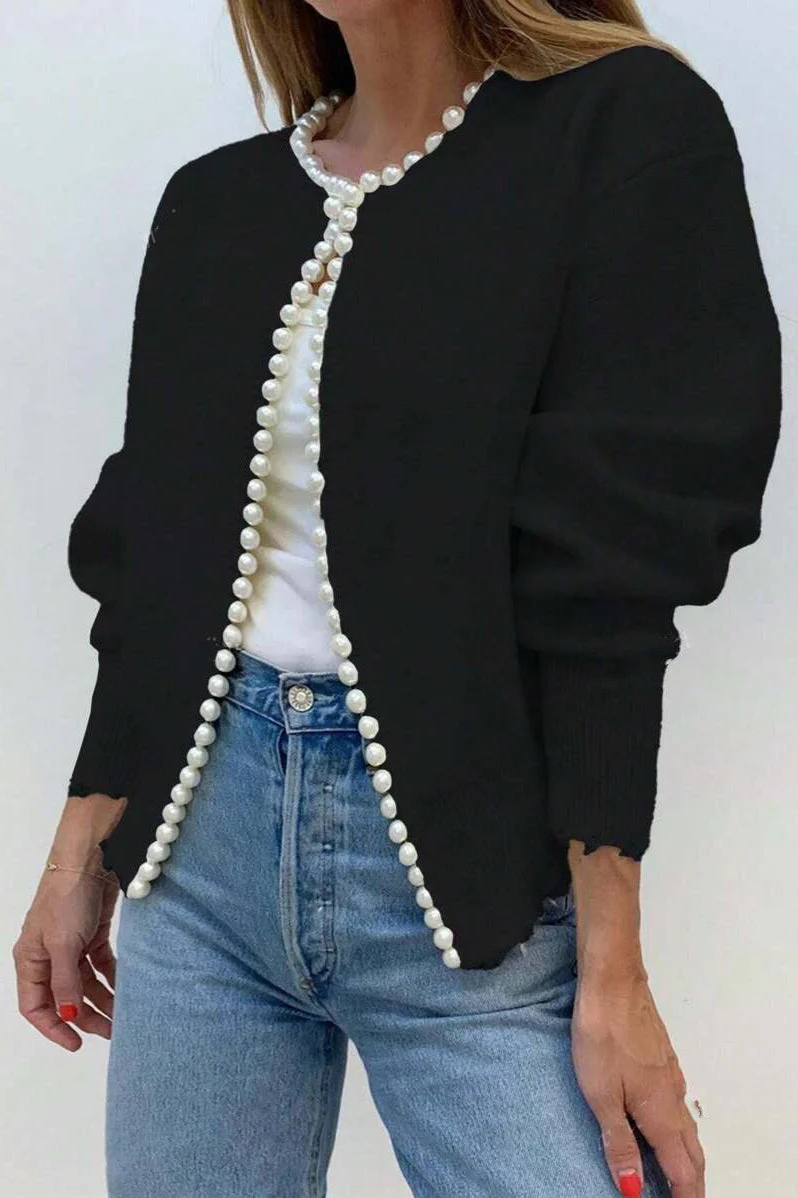 Pearl-Trimmed Crew-Neck Heavy-Detail Knit Cardigan - Image 4