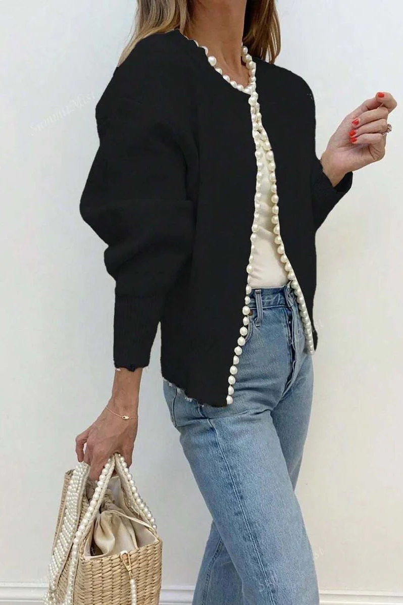 Pearl-Trimmed Crew-Neck Heavy-Detail Knit Cardigan - Image 5
