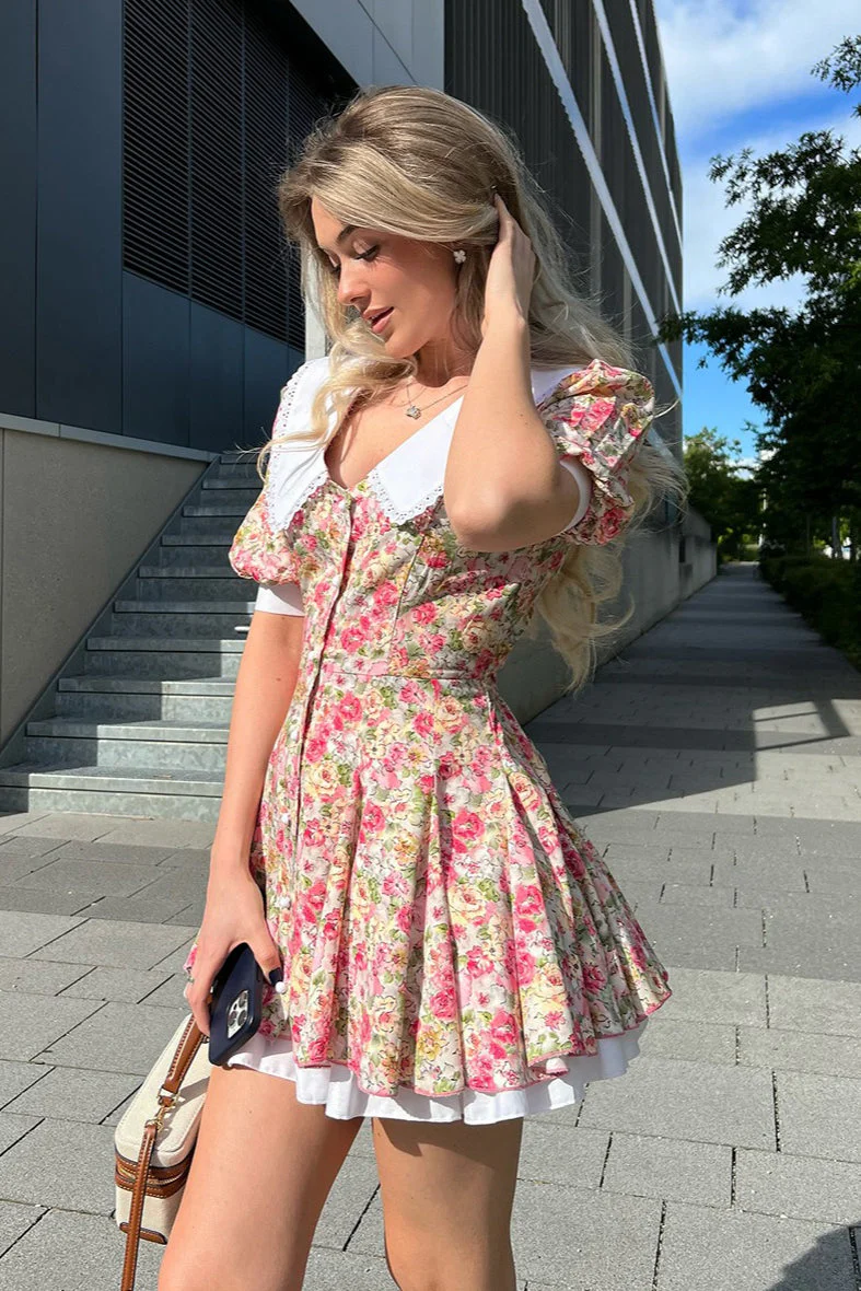 Peter Pan Collar Floral Puff Sleeve Button Mini Dress - Image 2