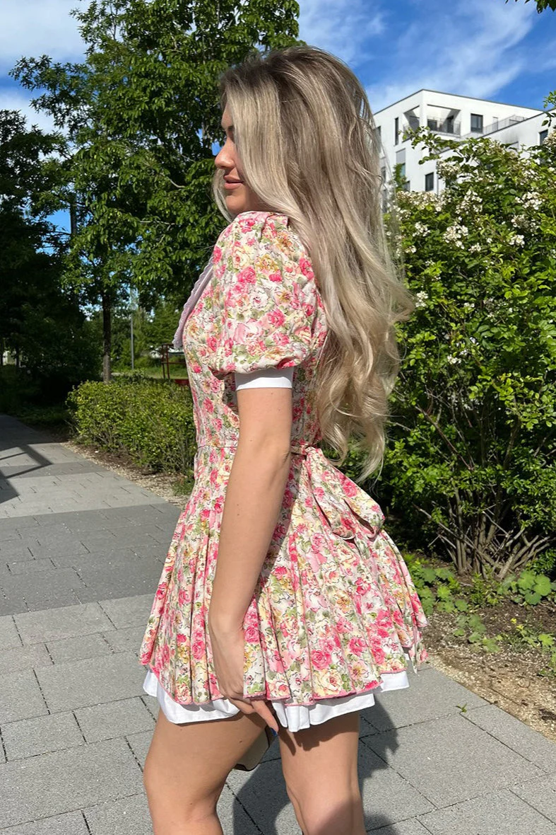 Peter Pan Collar Floral Puff Sleeve Button Mini Dress - Image 3