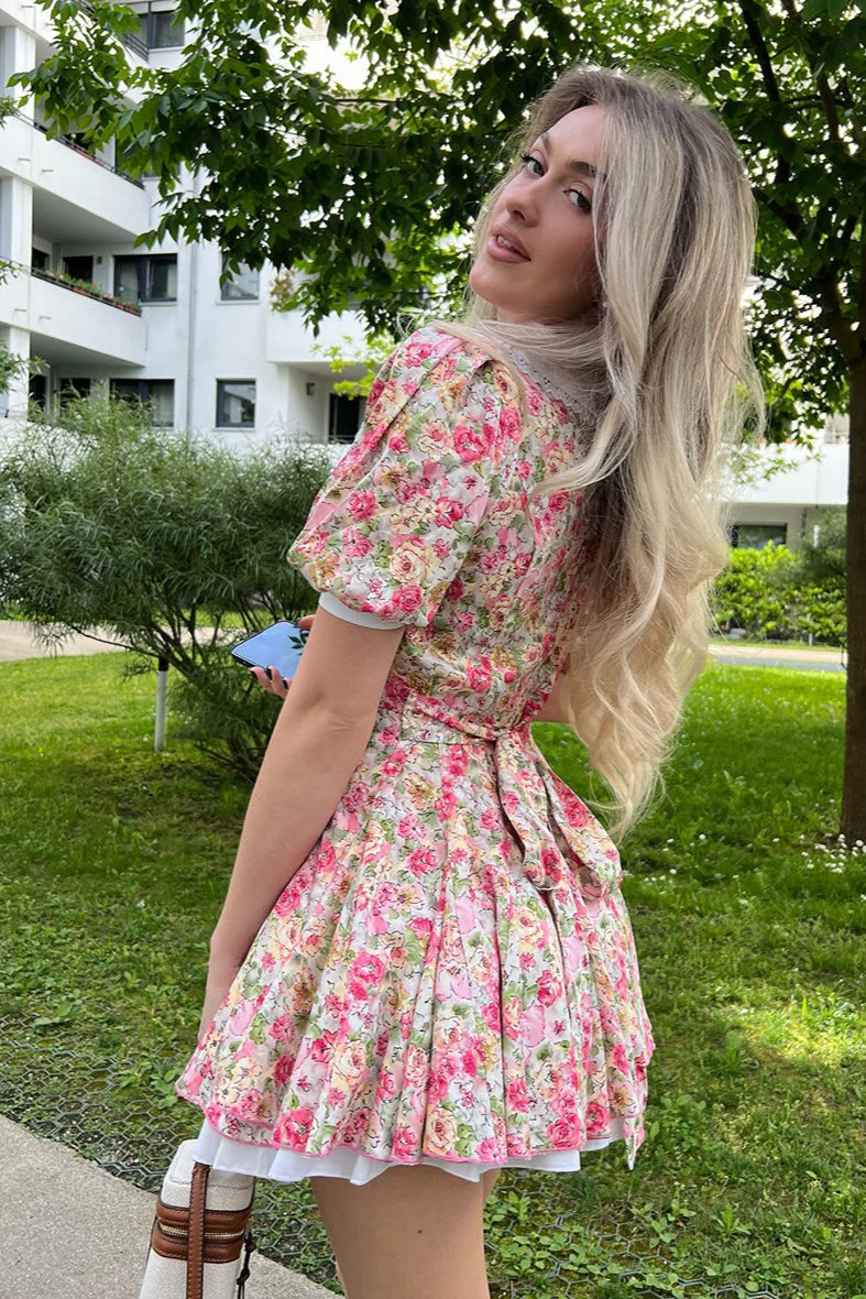 Peter Pan Collar Floral Puff Sleeve Button Mini Dress - Image 4