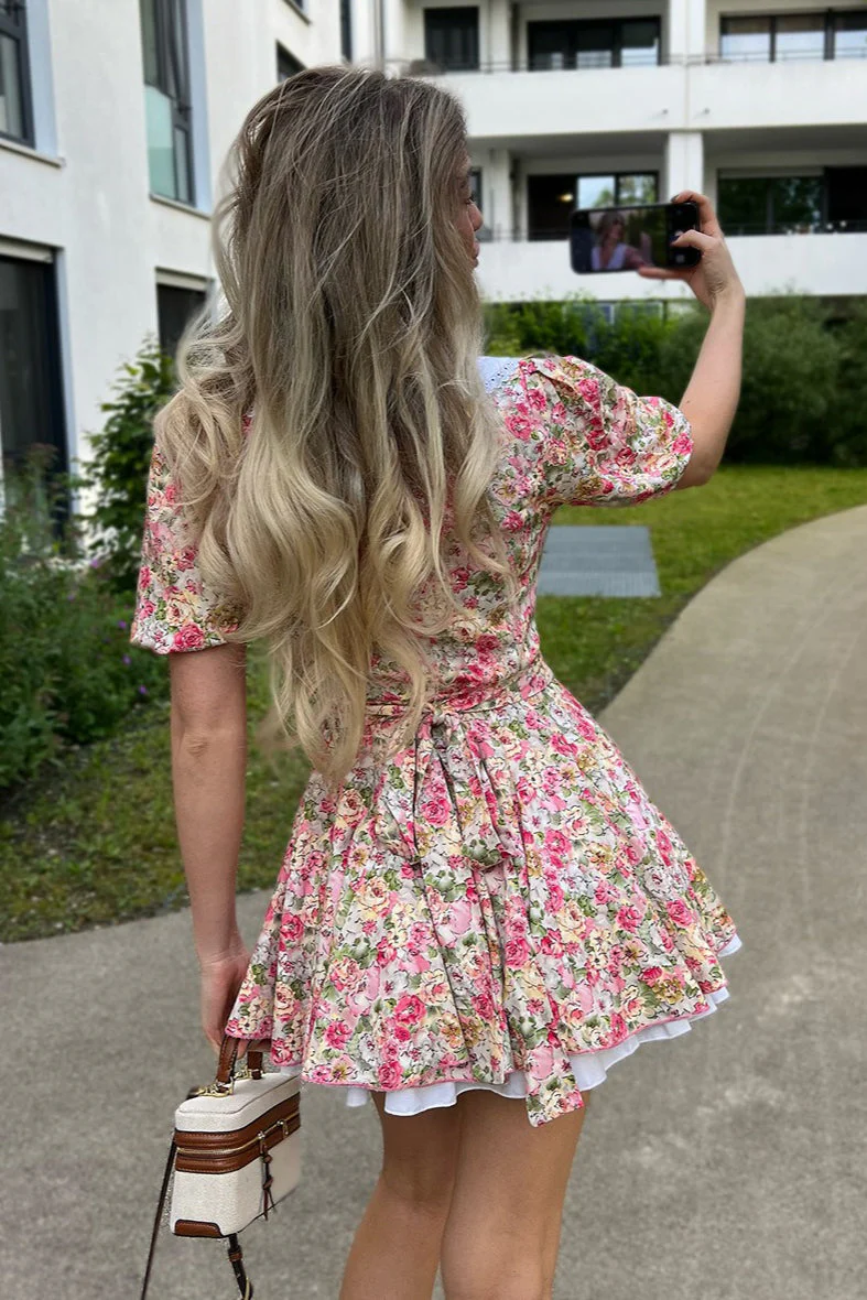 Peter Pan Collar Floral Puff Sleeve Button Mini Dress - Image 5