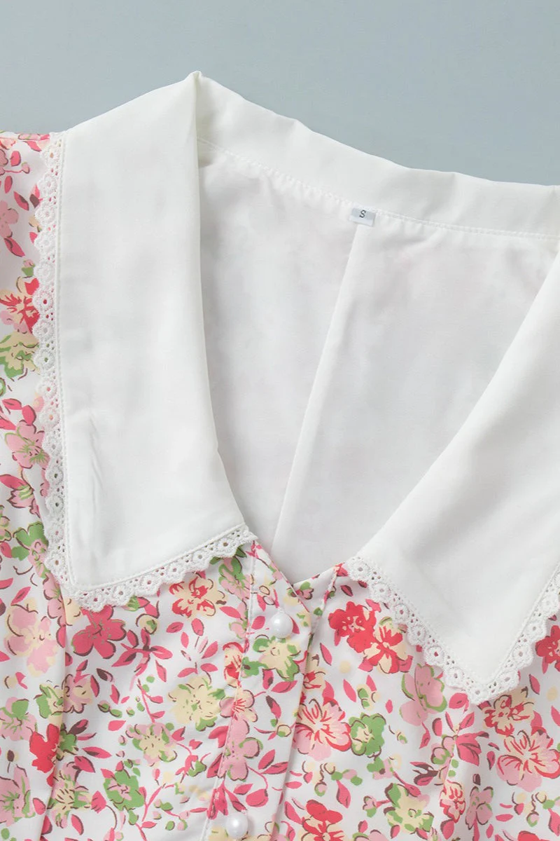 Peter Pan Collar Floral Puff Sleeve Button Mini Dress - Image 6