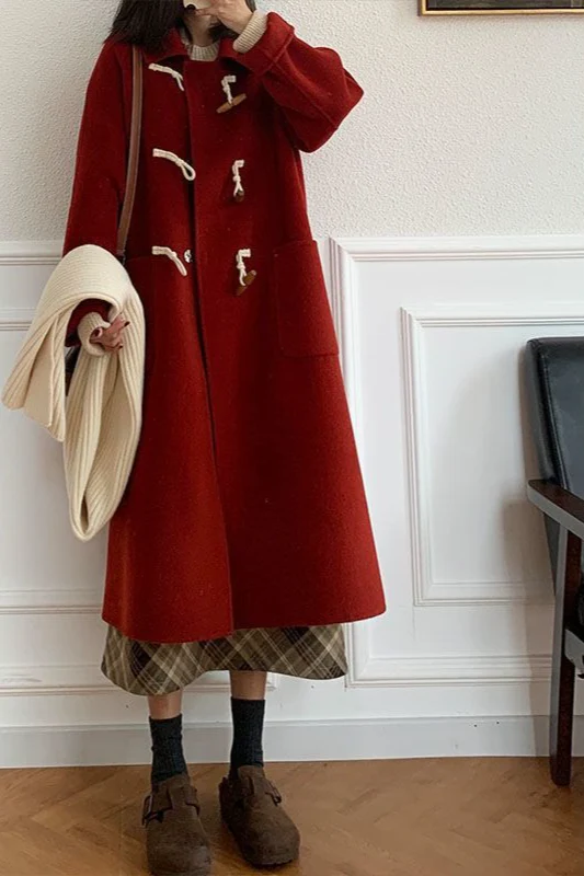 Petite Red Thickened Wool Horn Button Overcoat - Image 2