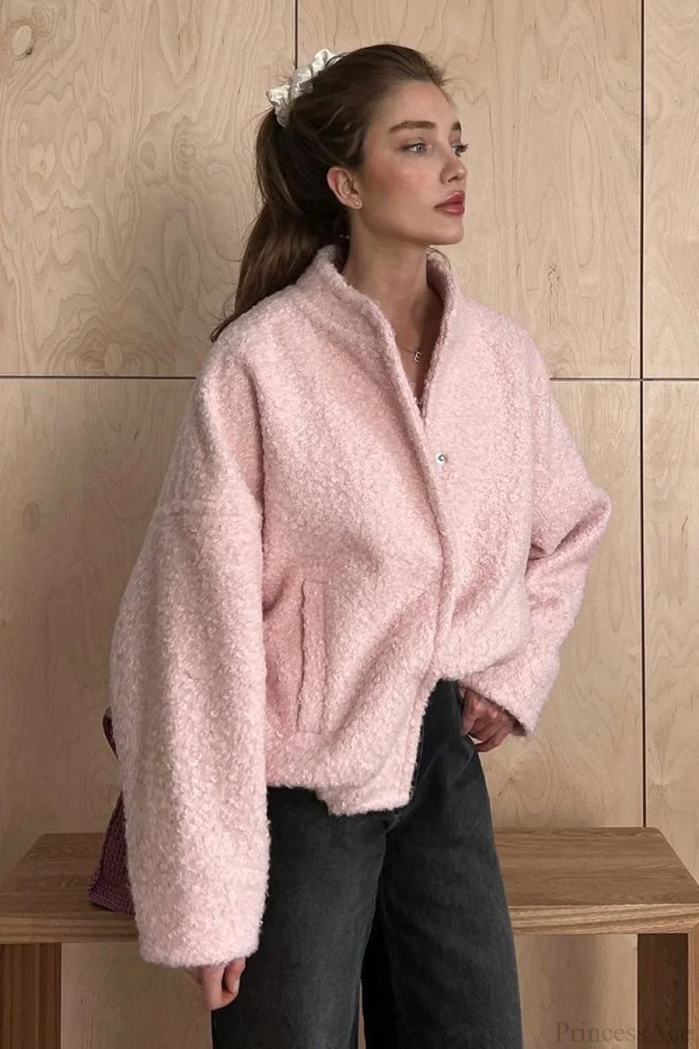 Pink Casual Stand Collar Fleece Jacket - Image 2