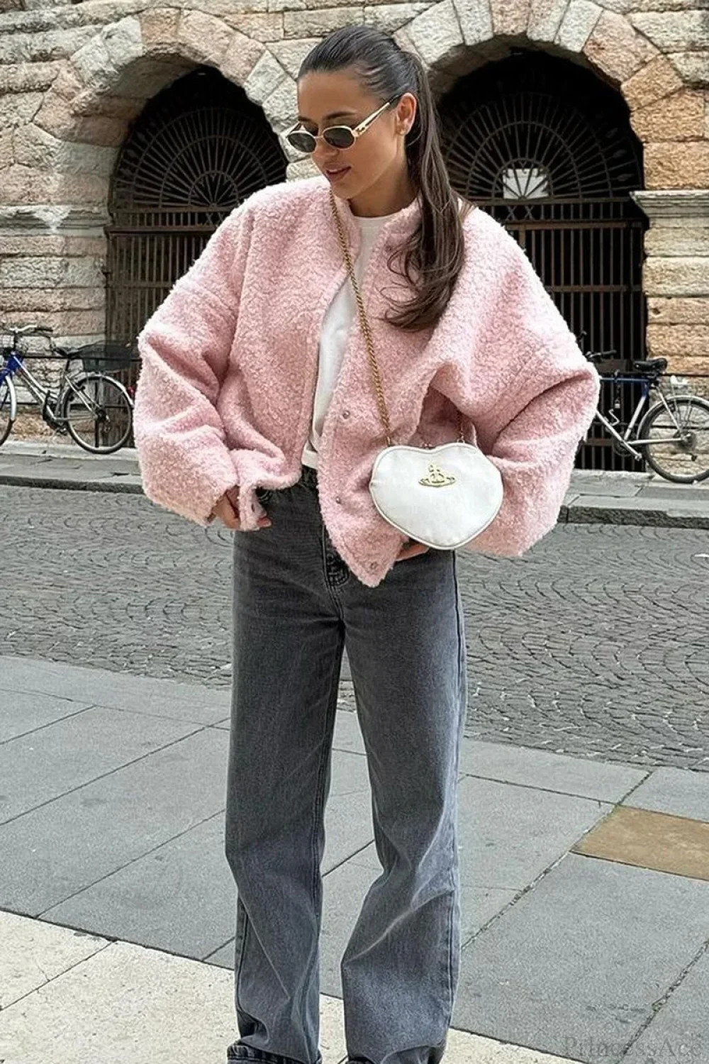 Pink Casual Stand Collar Fleece Jacket - Image 5