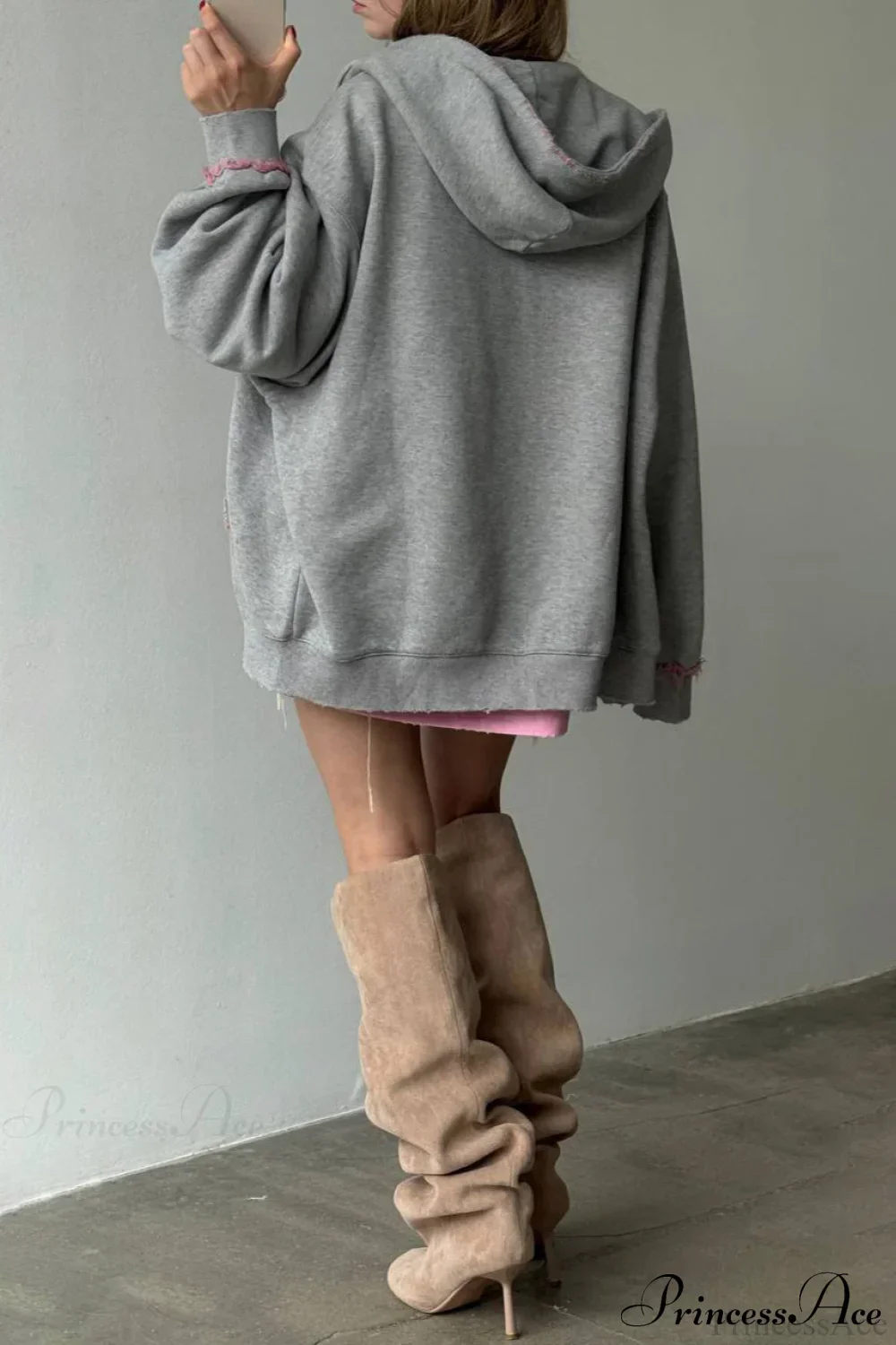 Pink Distressed Zip Loose Hoodie - Image 3