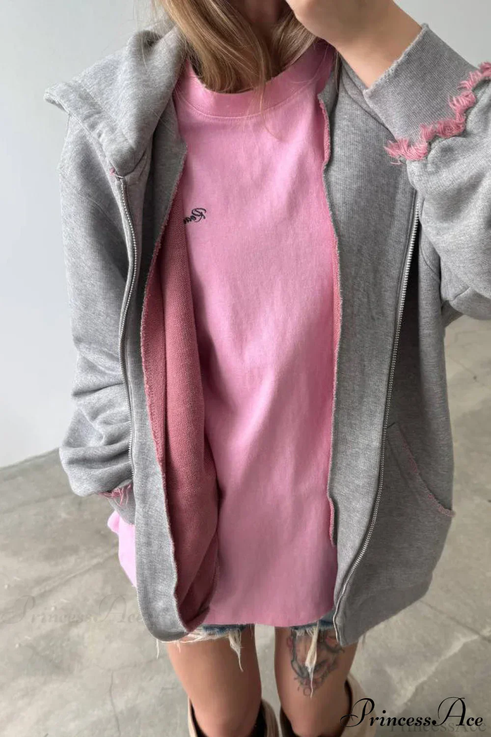 Pink Distressed Zip Loose Hoodie - Image 4
