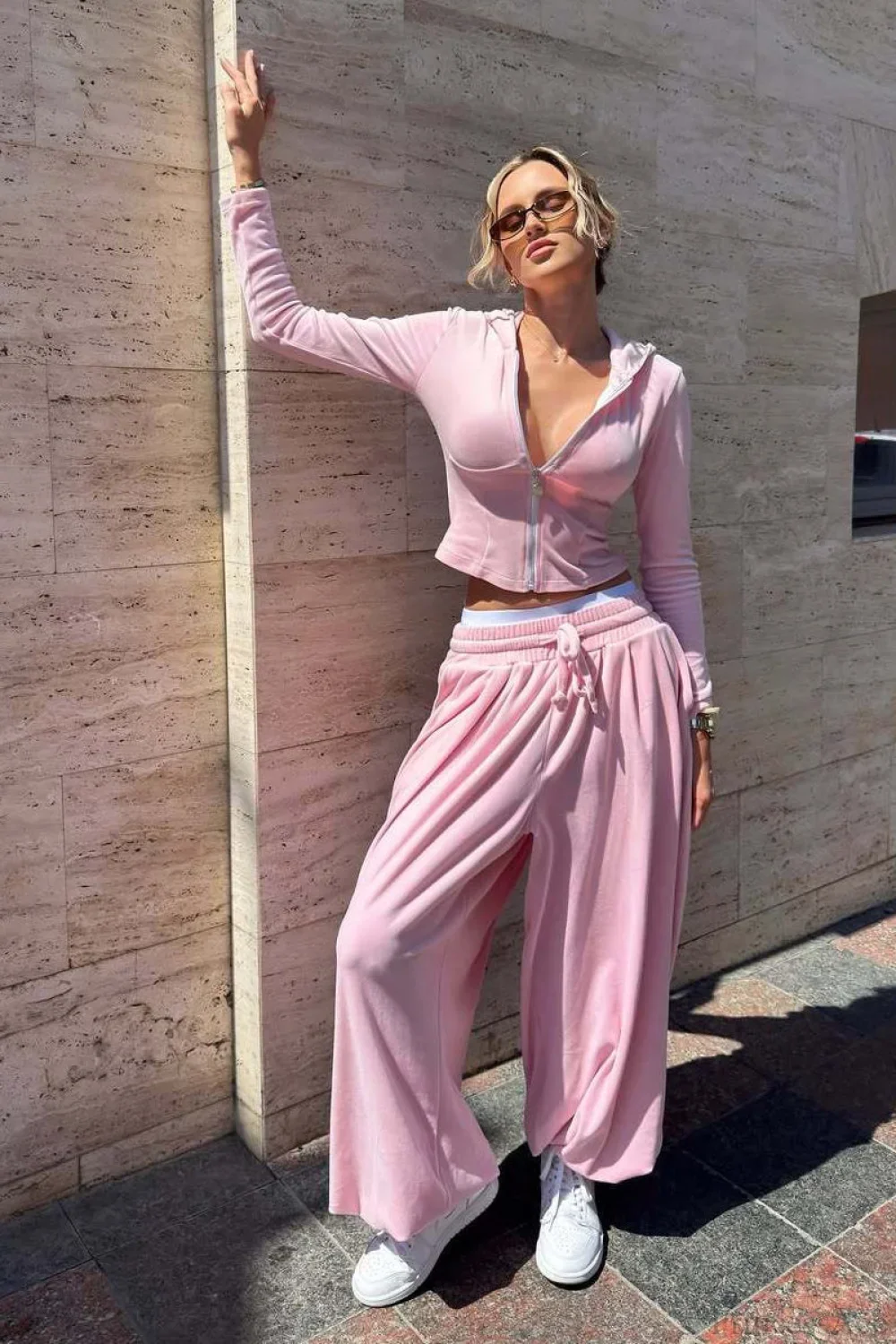 Pink Fitted Hooded Cuffed Ankle Pants Solid Two Piece Set - Image 2