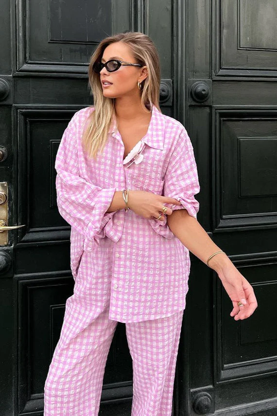 Pink Plaid Loose Casual Two Piece Set - Image 3