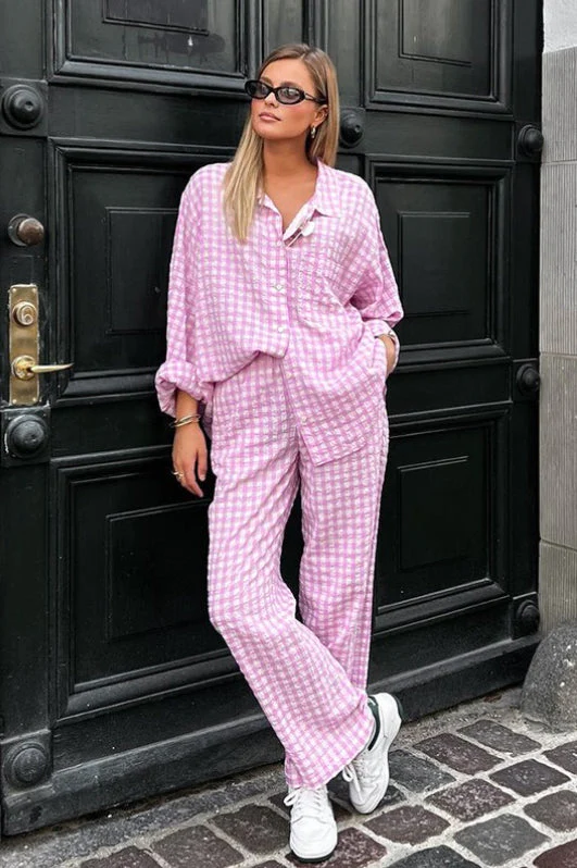 Pink Plaid Loose Casual Two Piece Set - Image 5