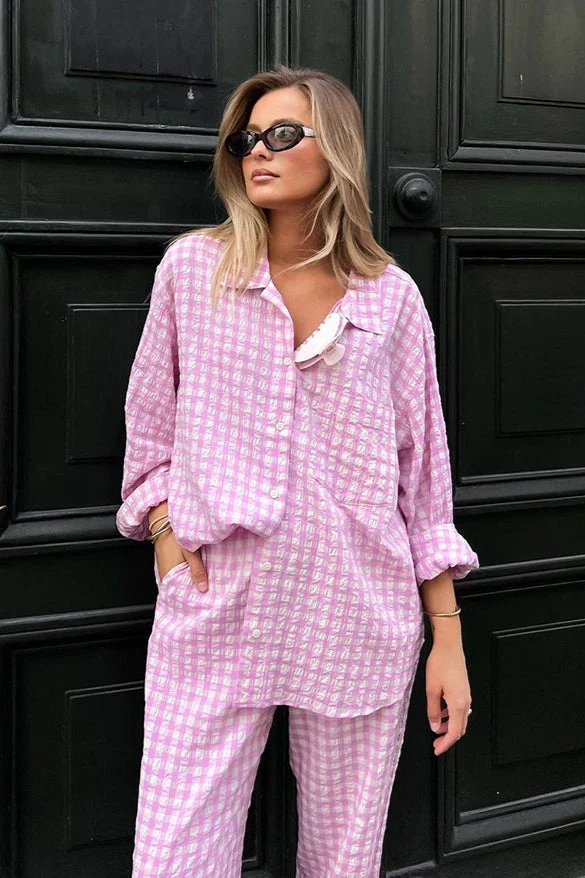 Pink Plaid Loose Casual Two Piece Set - Image 6
