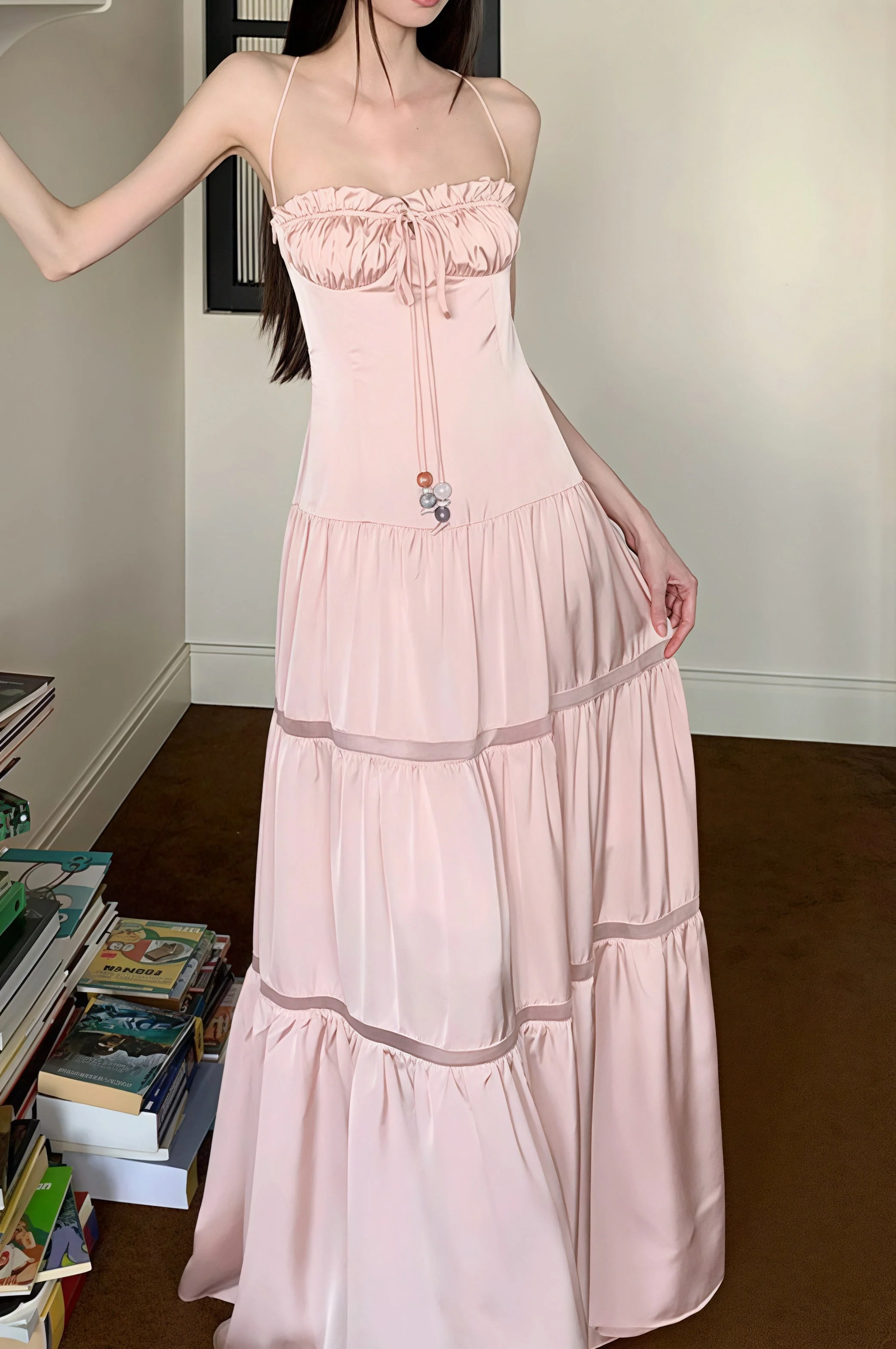 Pink Satin Tie Strapless Spaghetti Strap Maxi Dress - Image 2