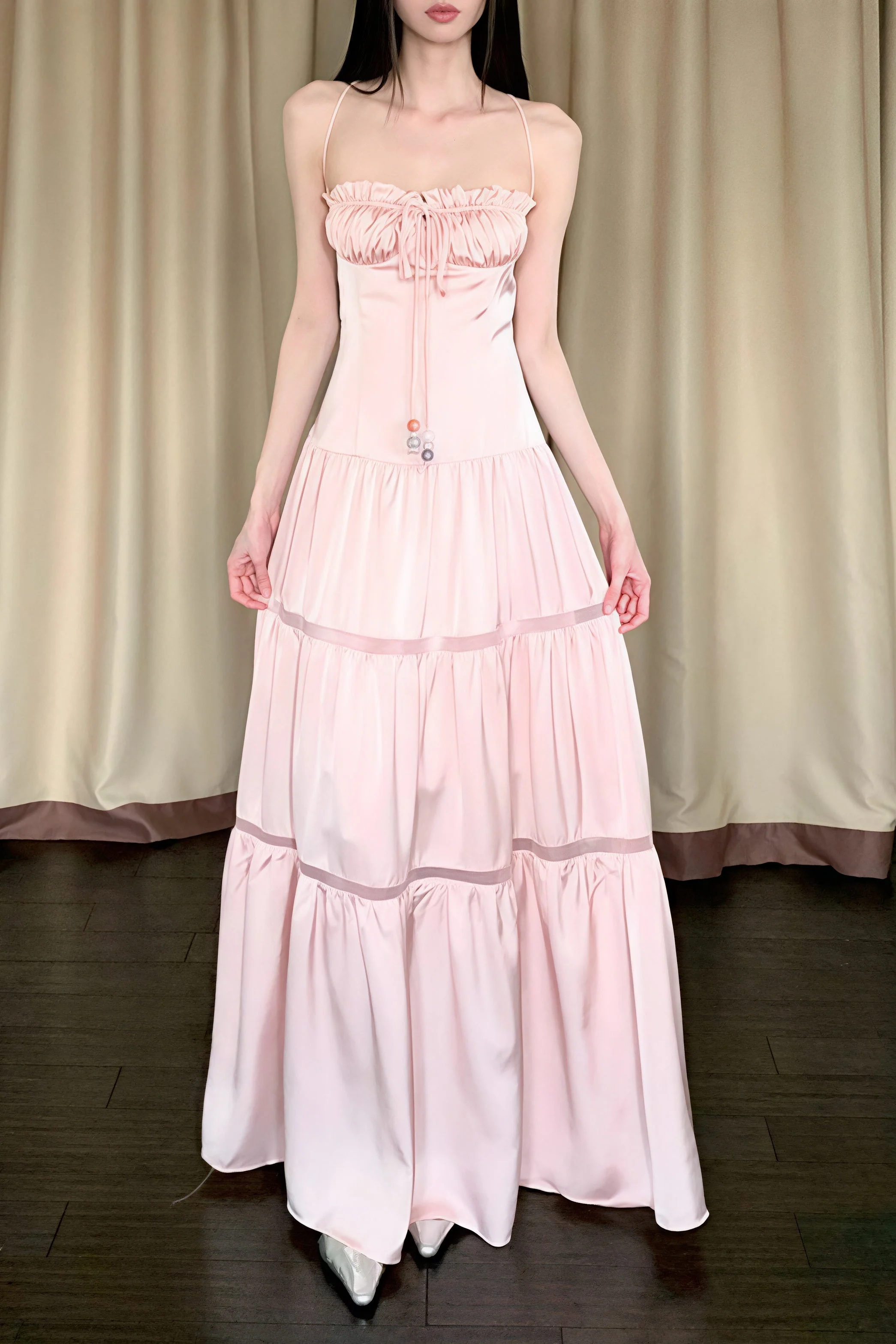 Pink Satin Tie Strapless Spaghetti Strap Maxi Dress - Image 3