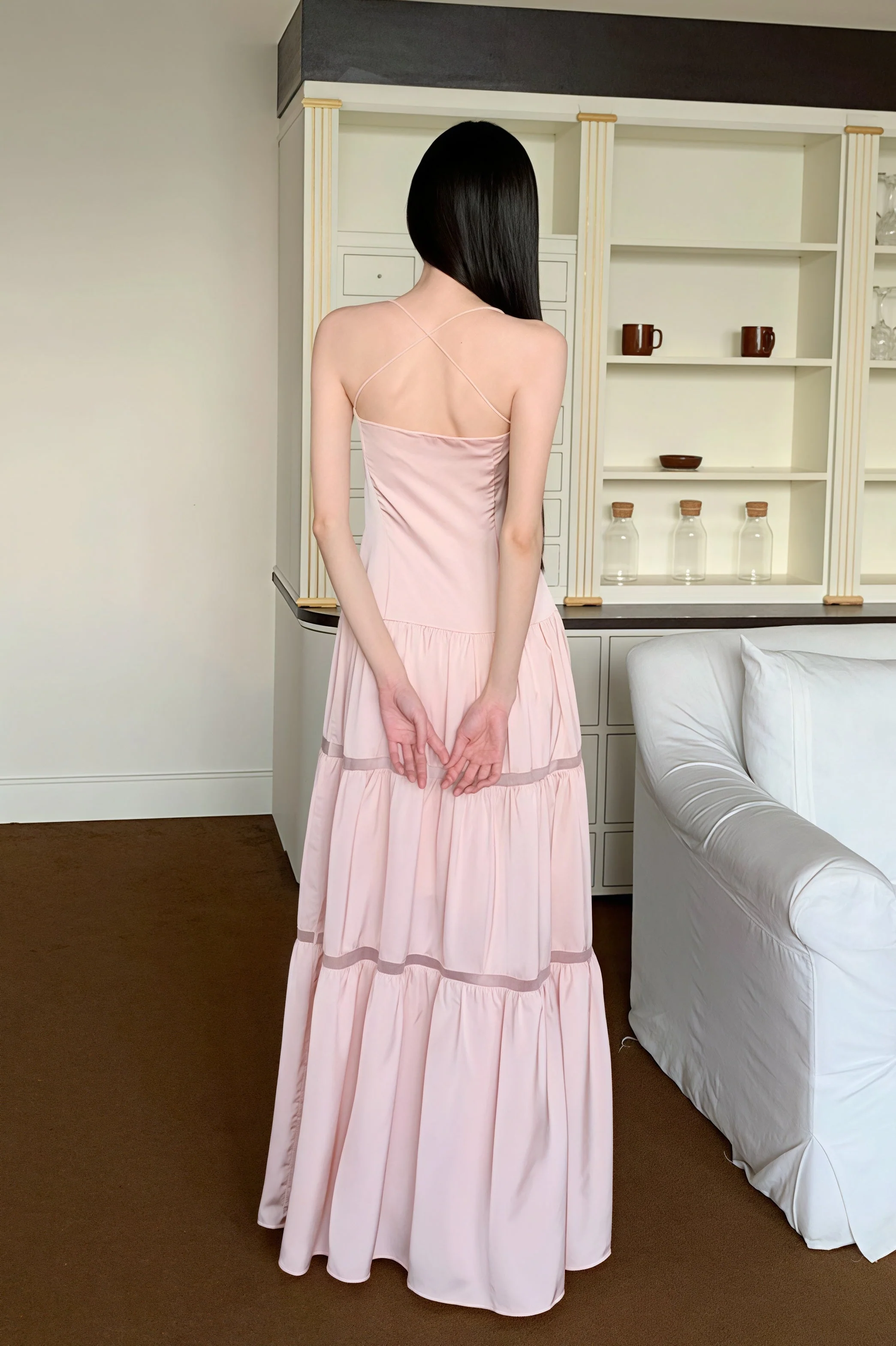 Pink Satin Tie Strapless Spaghetti Strap Maxi Dress - Image 4