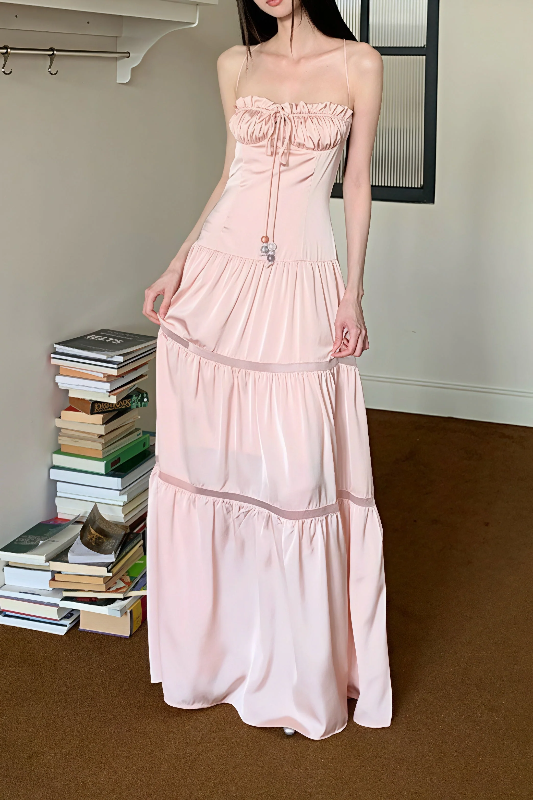 Pink Satin Tie Strapless Spaghetti Strap Maxi Dress - Image 5