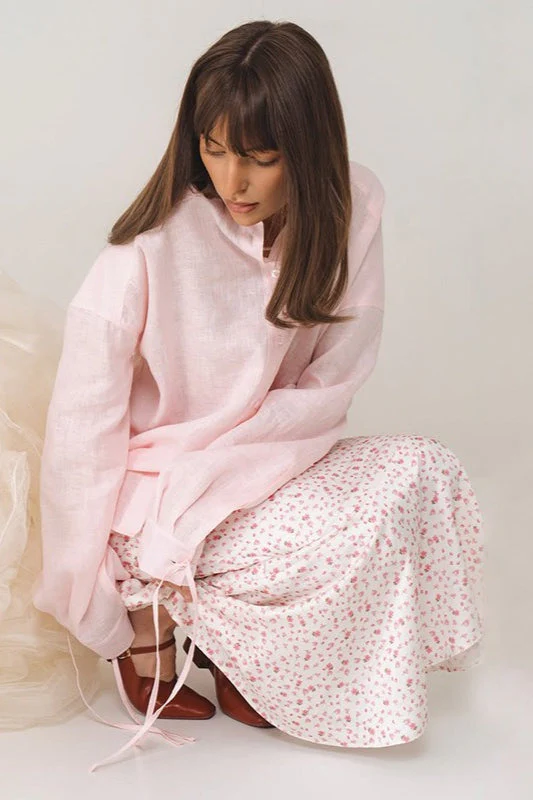 Pink Structured Tie-Waist Long Sleeve Blouse - Image 3
