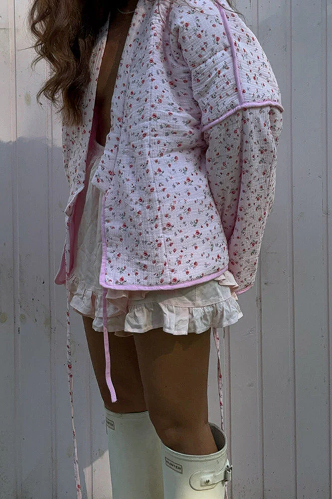 Pink Sweet Floral Tie V-neck Flared Sleeve Coat - Image 2