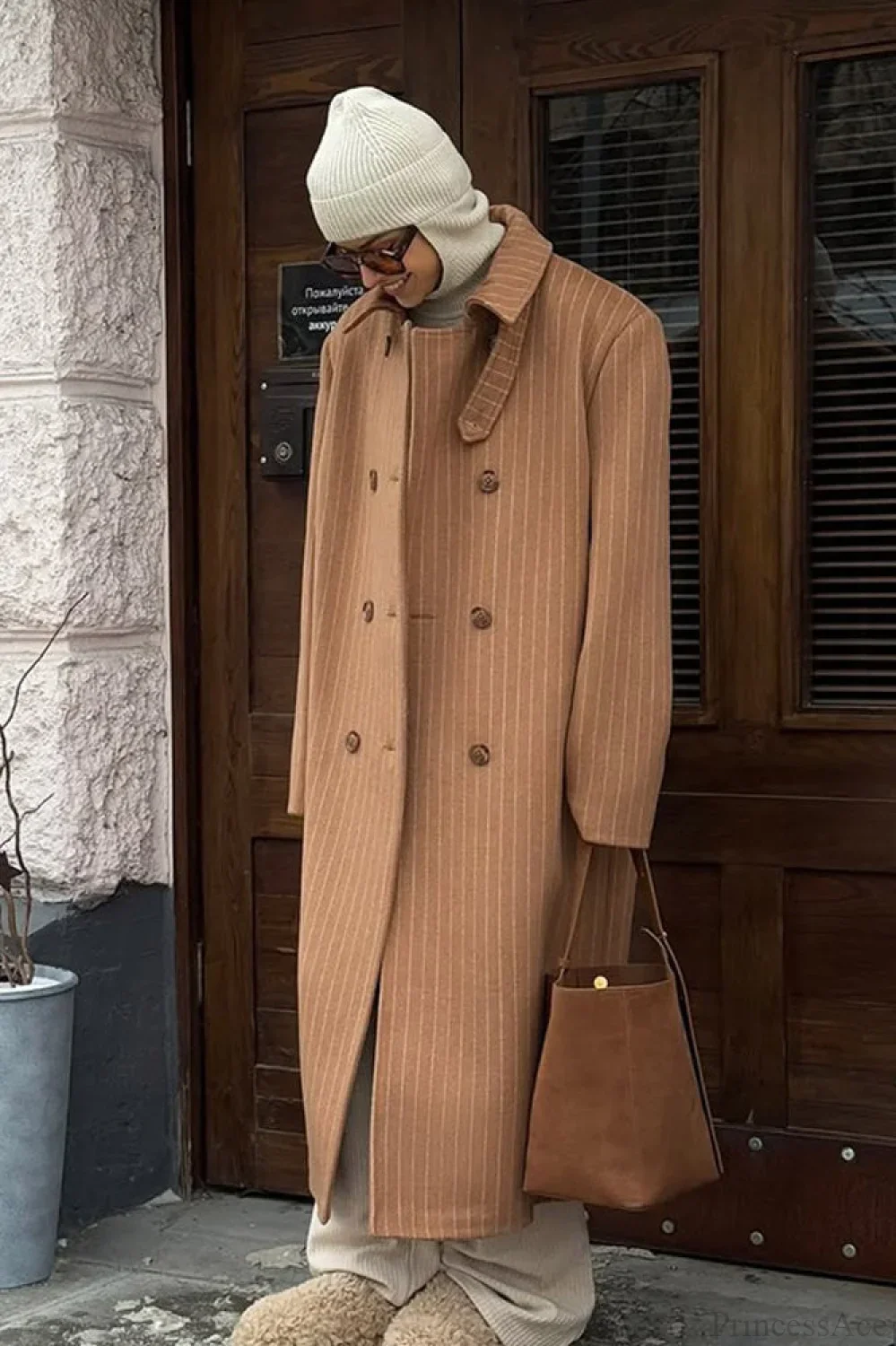 Vintage Pinstripe Notched Collar Wool Blend Overcoat - Image 2