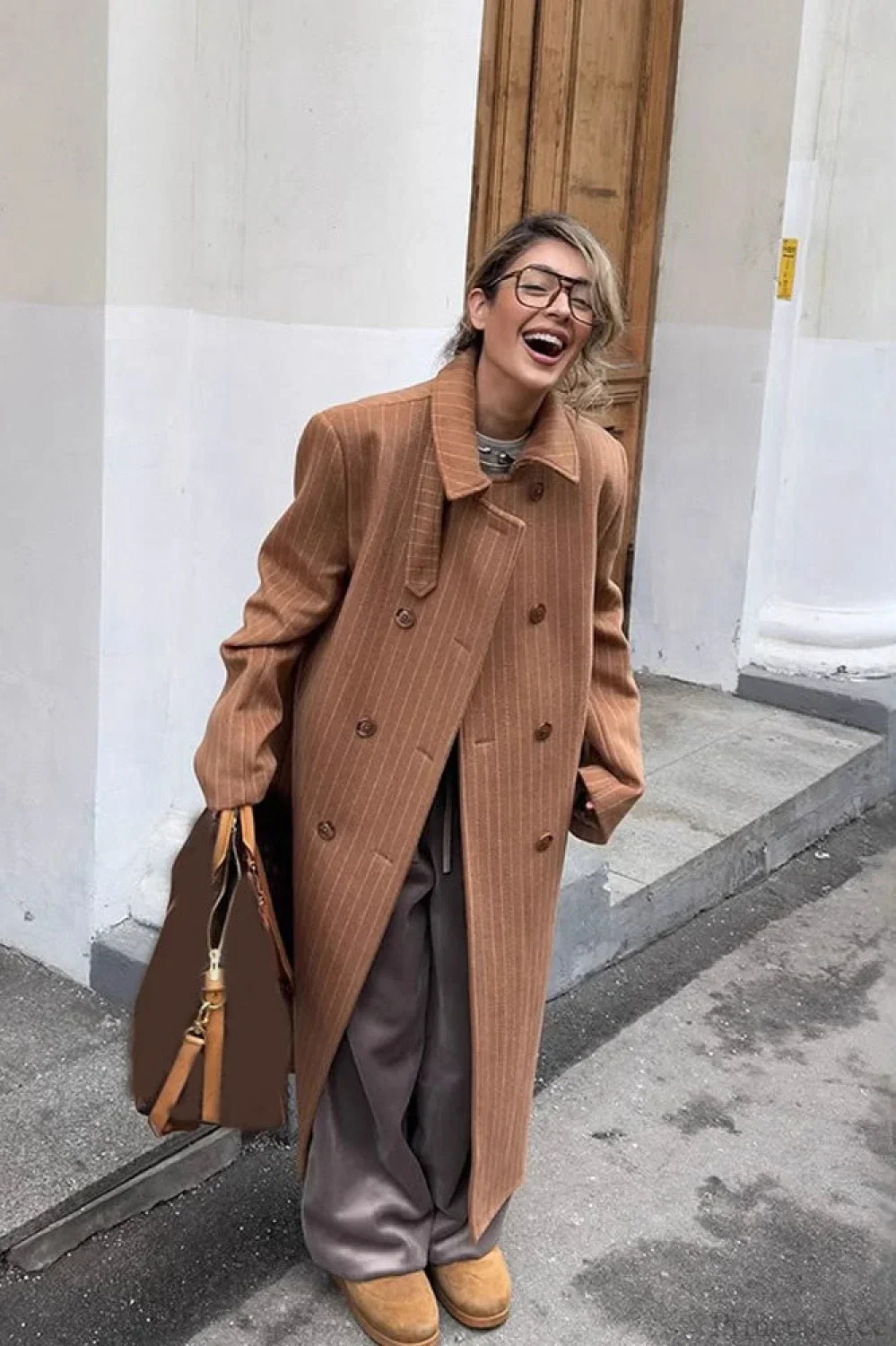 Vintage Pinstripe Notched Collar Wool Blend Overcoat - Image 3