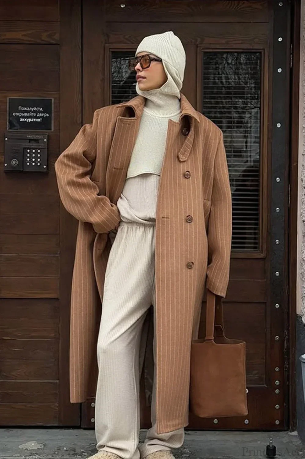 Vintage Pinstripe Notched Collar Wool Blend Overcoat - Image 4