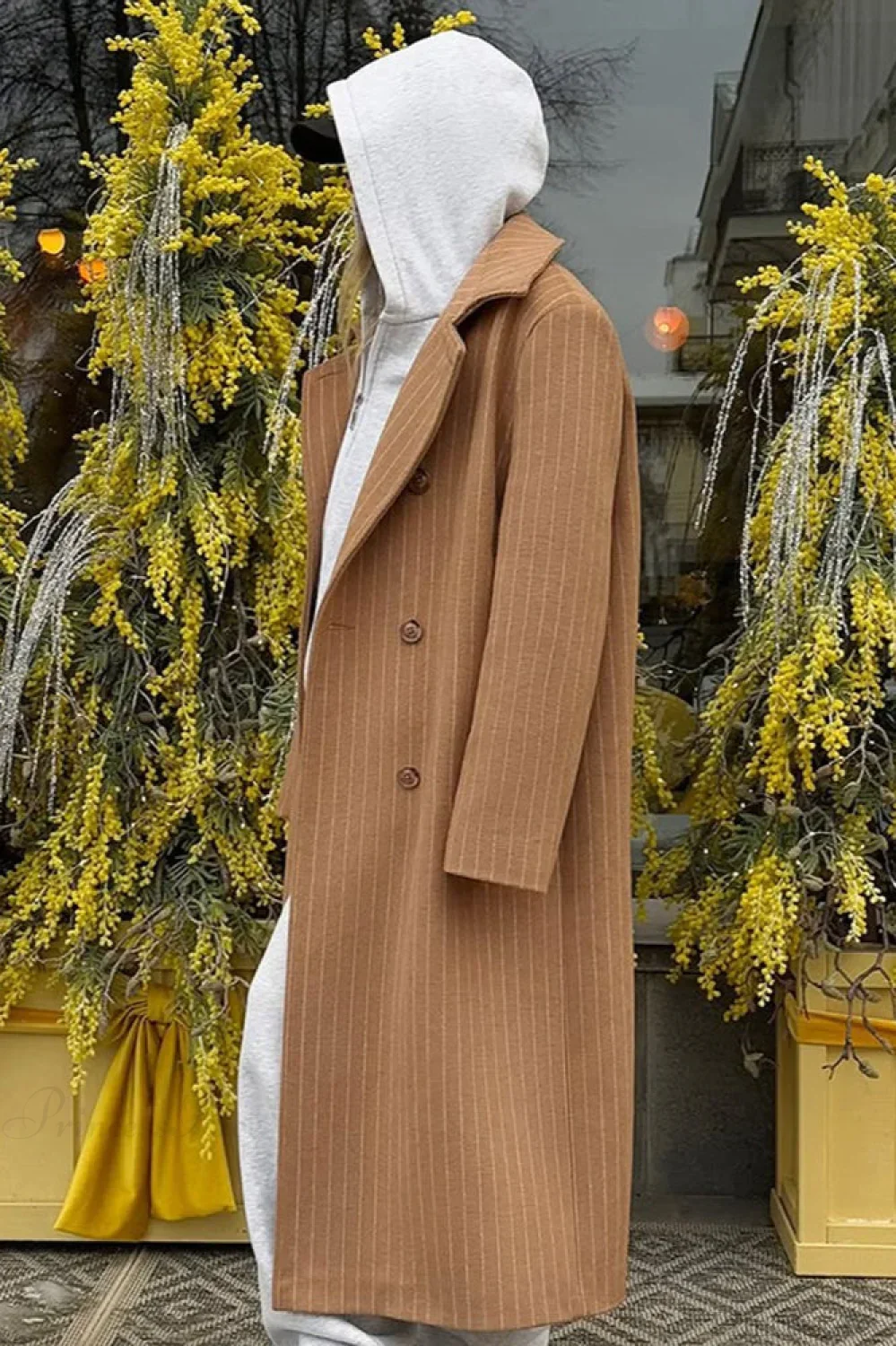 Vintage Pinstripe Notched Collar Wool Blend Overcoat - Image 5