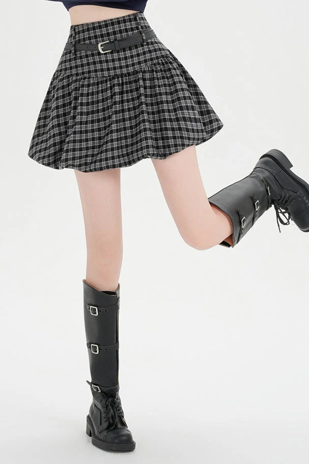 Plaid Bubble A-line Khaki Short Skirt - Image 13