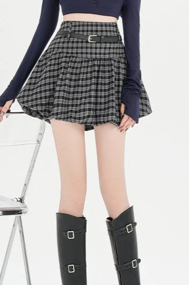 Plaid Bubble A-line Khaki Short Skirt - Image 14