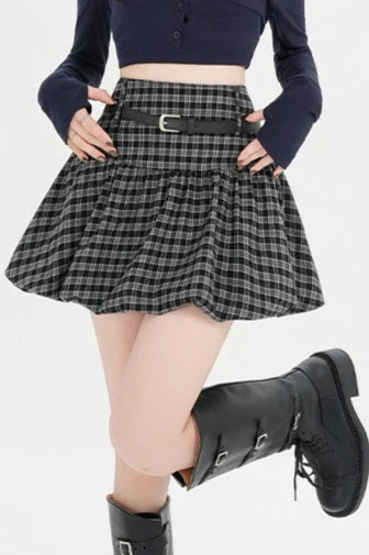 Plaid Bubble A-line Khaki Short Skirt - Image 15