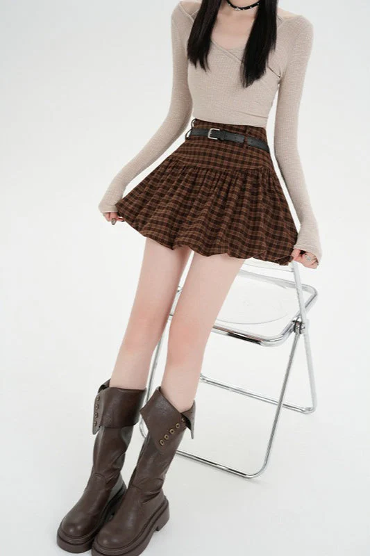 Plaid Bubble A-line Khaki Short Skirt - Image 3