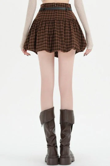 Plaid Bubble A-line Khaki Short Skirt - Image 4