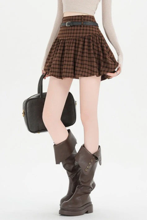 Plaid Bubble A-line Khaki Short Skirt - Image 5