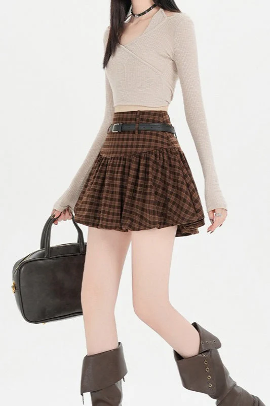 Plaid Bubble A-line Khaki Short Skirt - Image 6