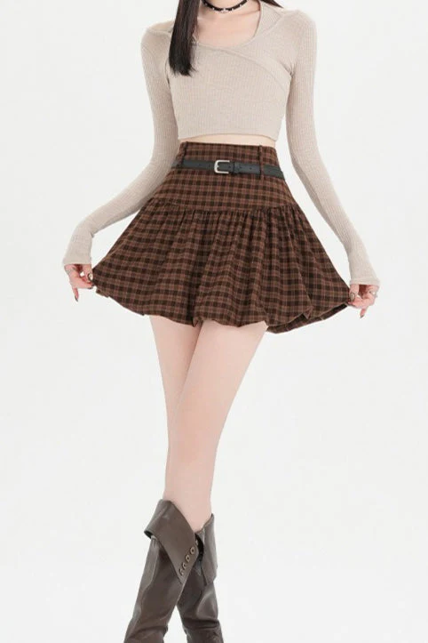 Plaid Bubble A-line Khaki Short Skirt - Image 7