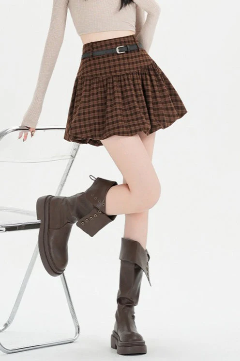 Plaid Bubble A-line Khaki Short Skirt - Image 9